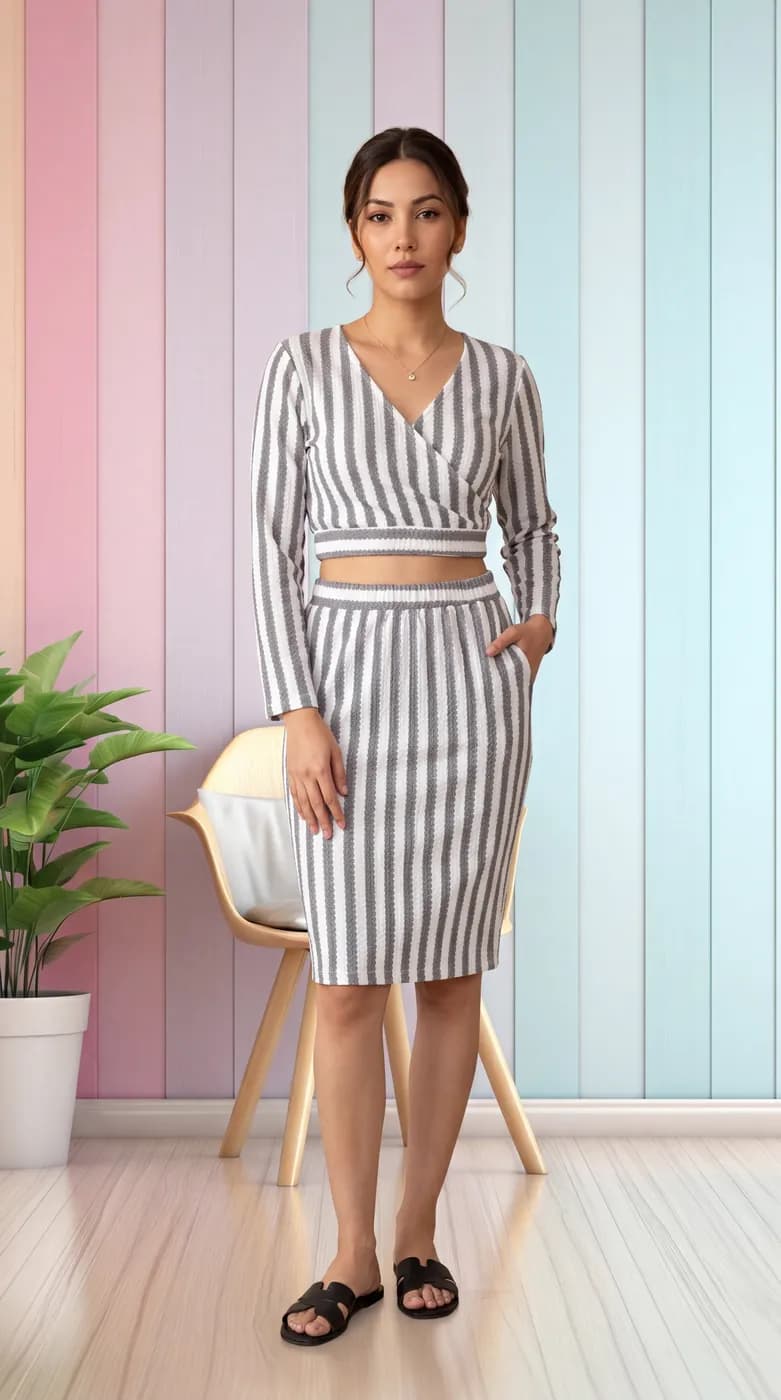 FF-40 Striped Crop Top & Skirt Co-ord Set - Black