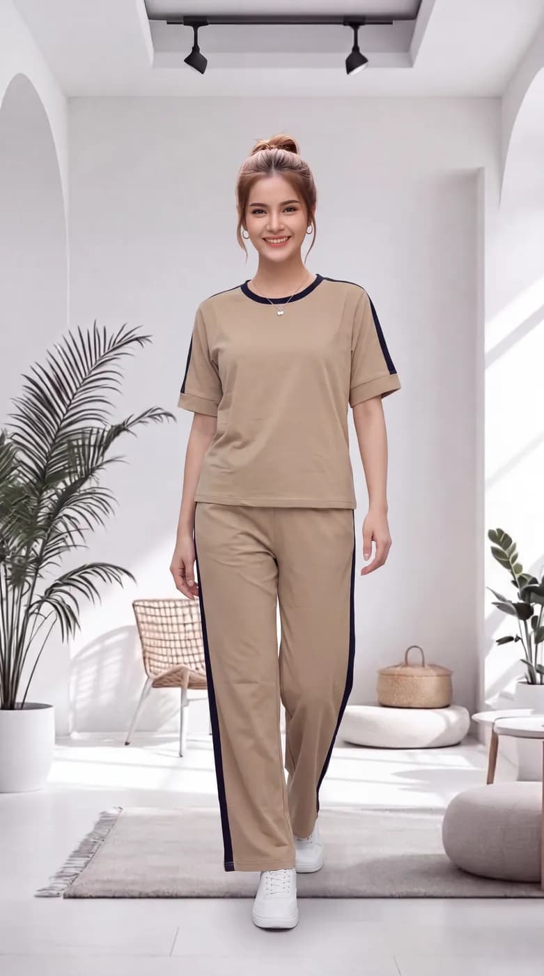 FF-36 Contrast Trim Round-Neck Co-ord Set - D. Cream — photo 3