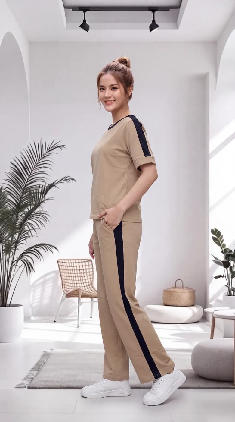 FF-36 Contrast Trim Round-Neck Co-ord Set - D. Cream — photo 4