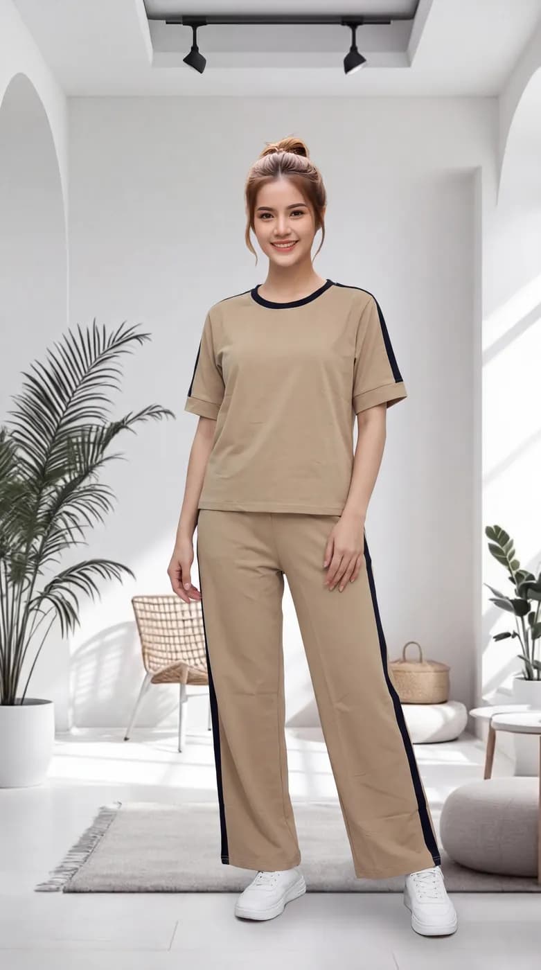 FF-36 Contrast Trim Round-Neck Co-ord Set - D. Cream — photo 5