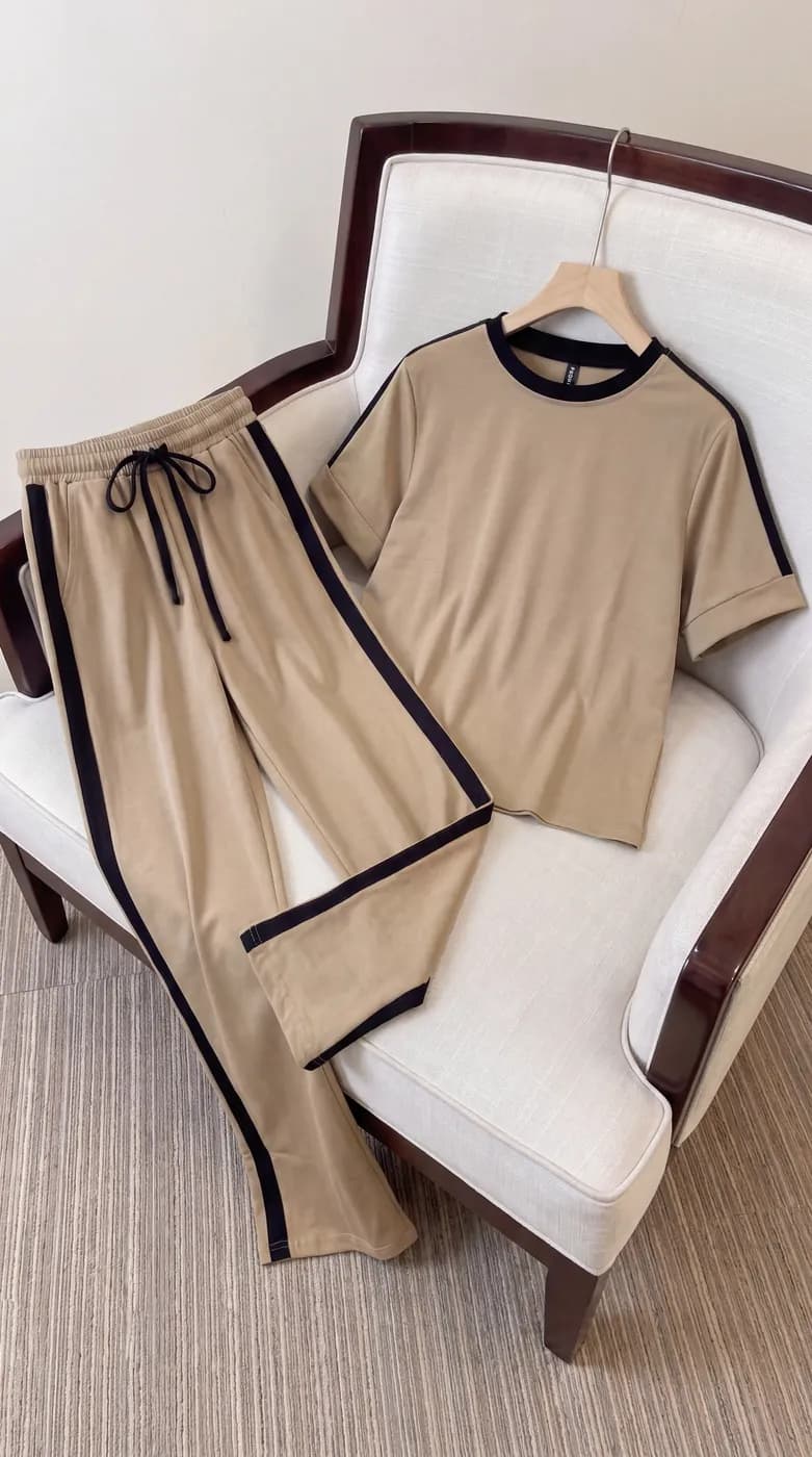 FF-36 Contrast Trim Round-Neck Co-ord Set - D. Cream — photo 6