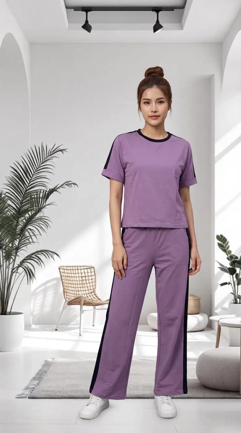 FF-36 Contrast Trim Round-Neck Co-ord Set - Lavender — photo 1