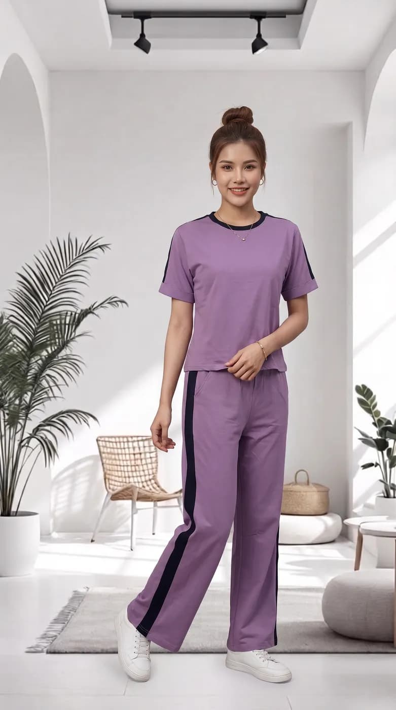 FF-36 Contrast Trim Round-Neck Co-ord Set - Lavender — photo 3