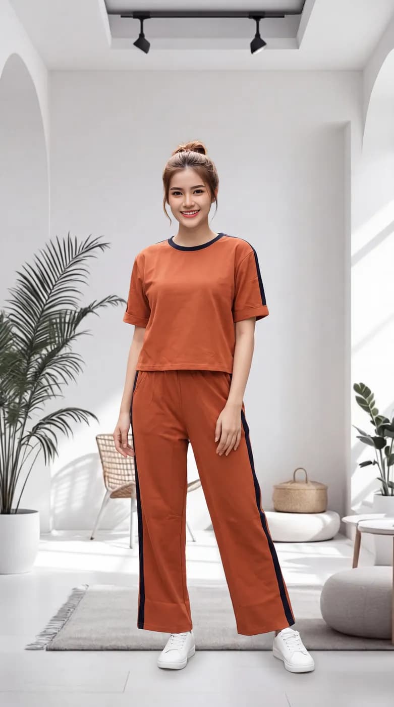 FF-36 Contrast Trim Round-Neck Co-ord Set - Orange — photo 1