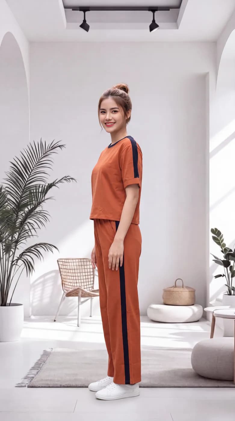 FF-36 Contrast Trim Round-Neck Co-ord Set - Orange — photo 2