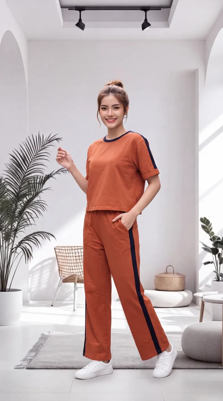 FF-36 Contrast Trim Round-Neck Co-ord Set - Orange — photo 5