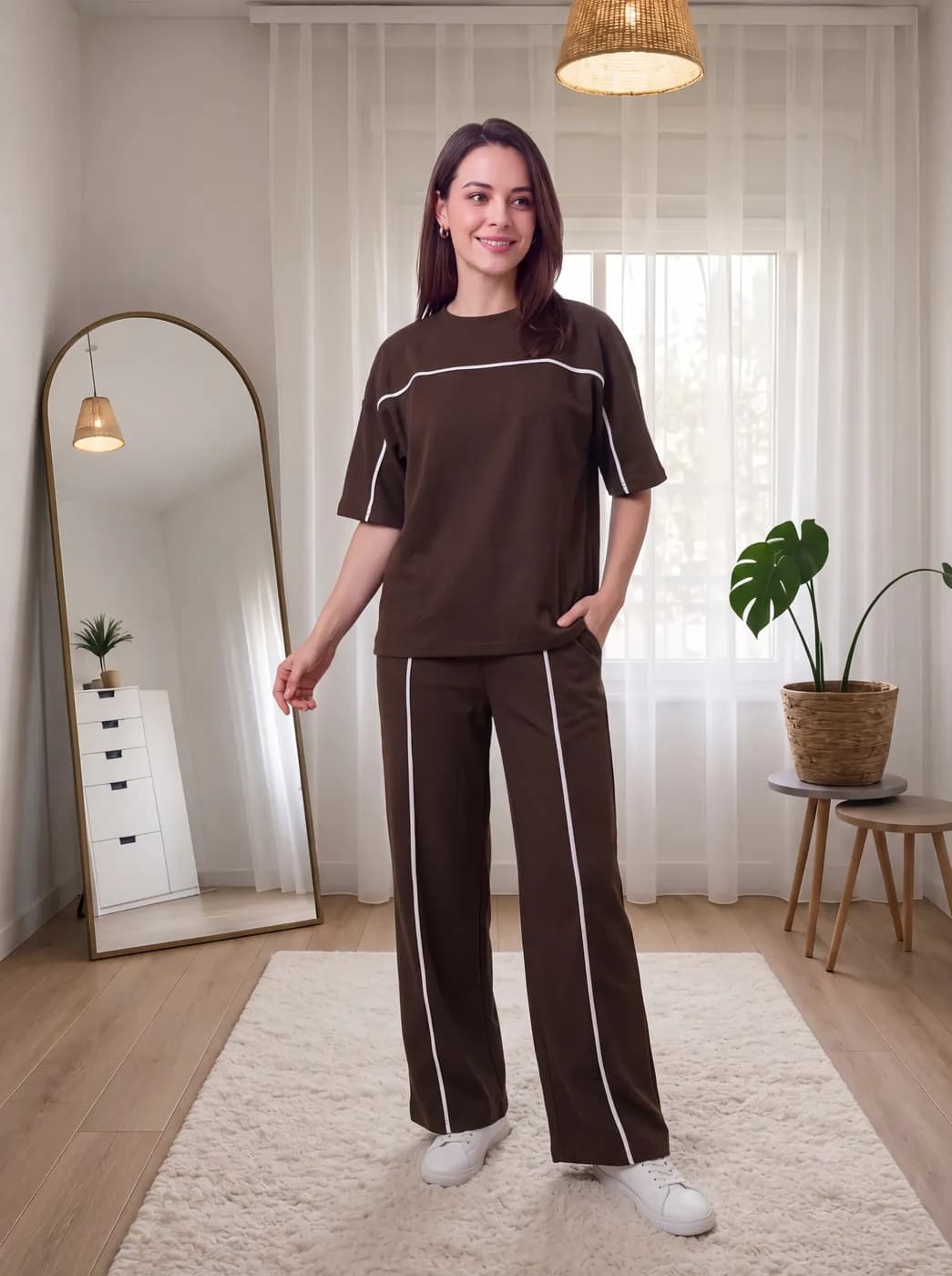FF-38 Contrast Piping Oversized Co-ord Set - Coffee — photo 3