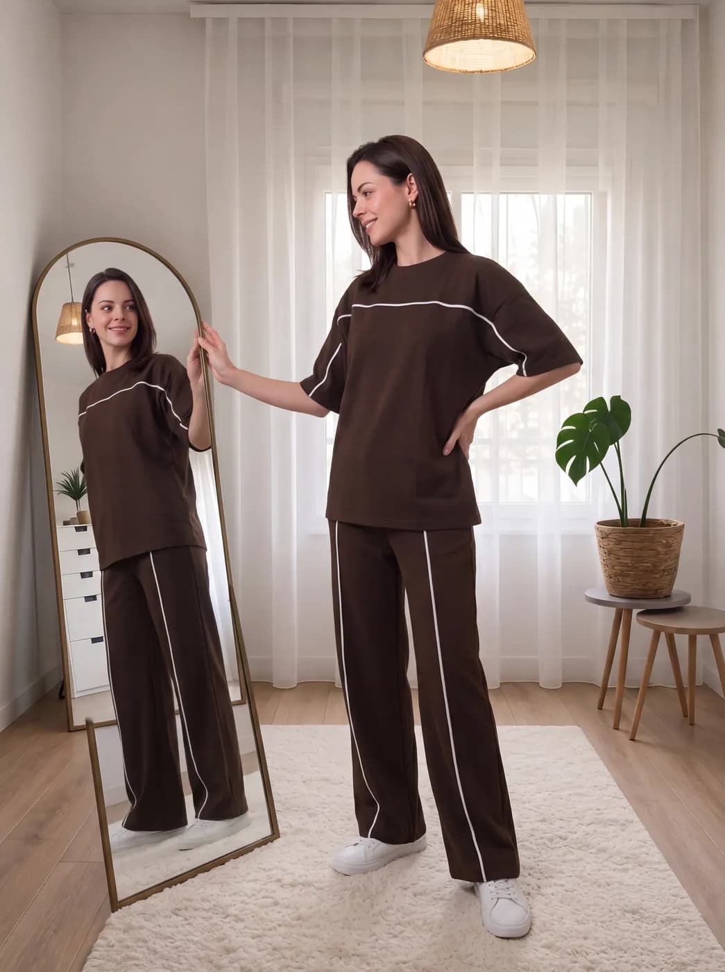 FF-38 Contrast Piping Oversized Co-ord Set - Coffee — photo 4