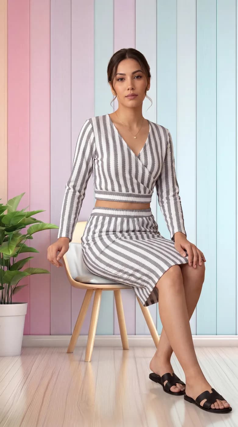 FF-40 Striped Crop Top & Skirt Co-ord Set - Black — photo 5