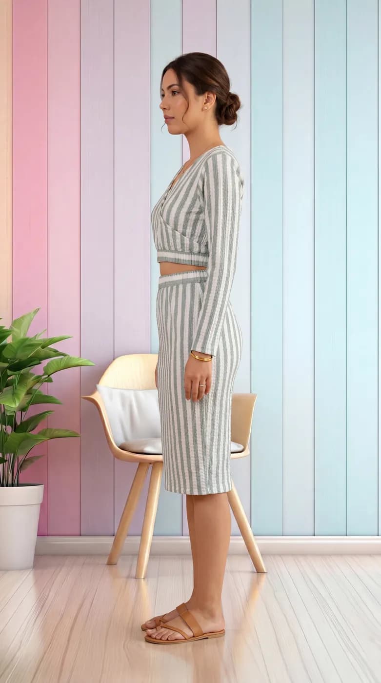 FF-40 Striped Crop Top & Skirt Co-ord Set - Sea Green — photo 1