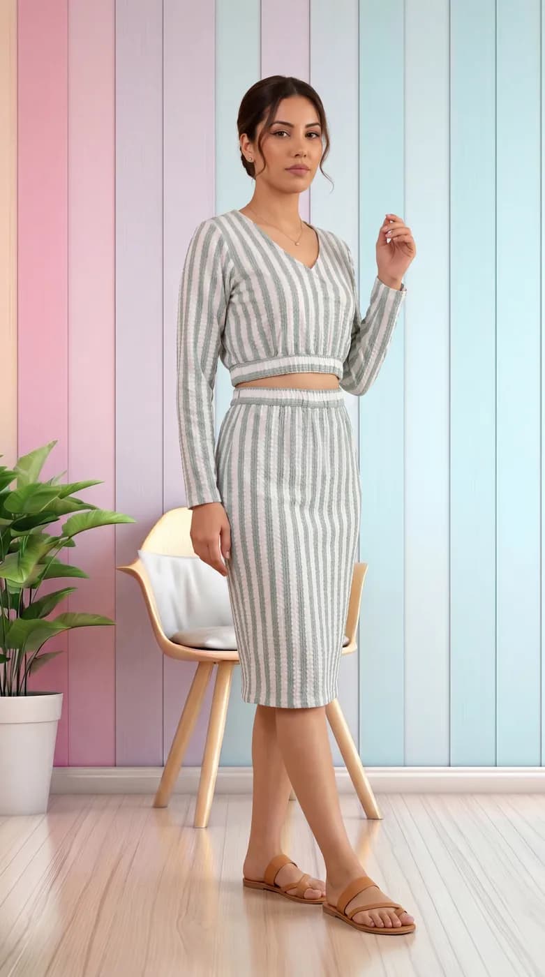 FF-40 Striped Crop Top & Skirt Co-ord Set - Sea Green — photo 2