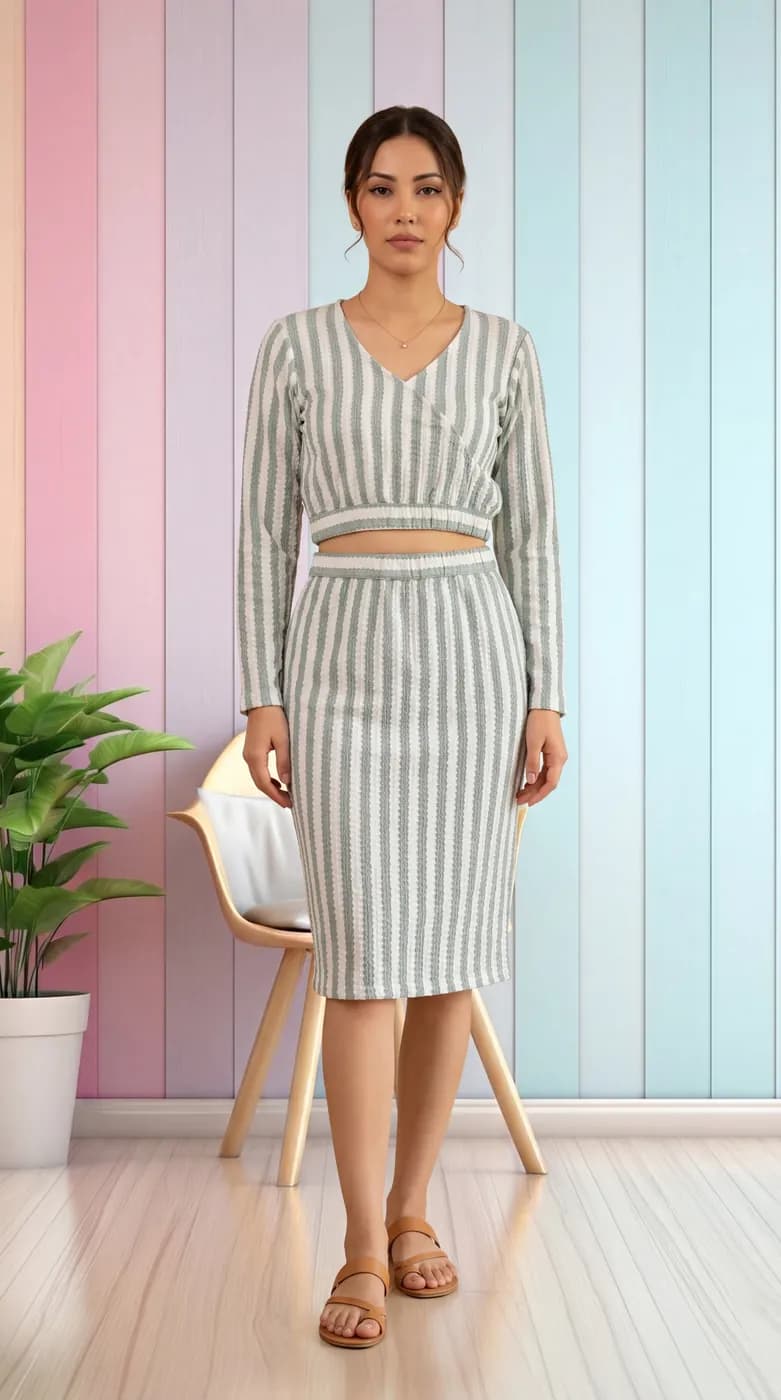 FF-40 Striped Crop Top & Skirt Co-ord Set - Sea Green — photo 3