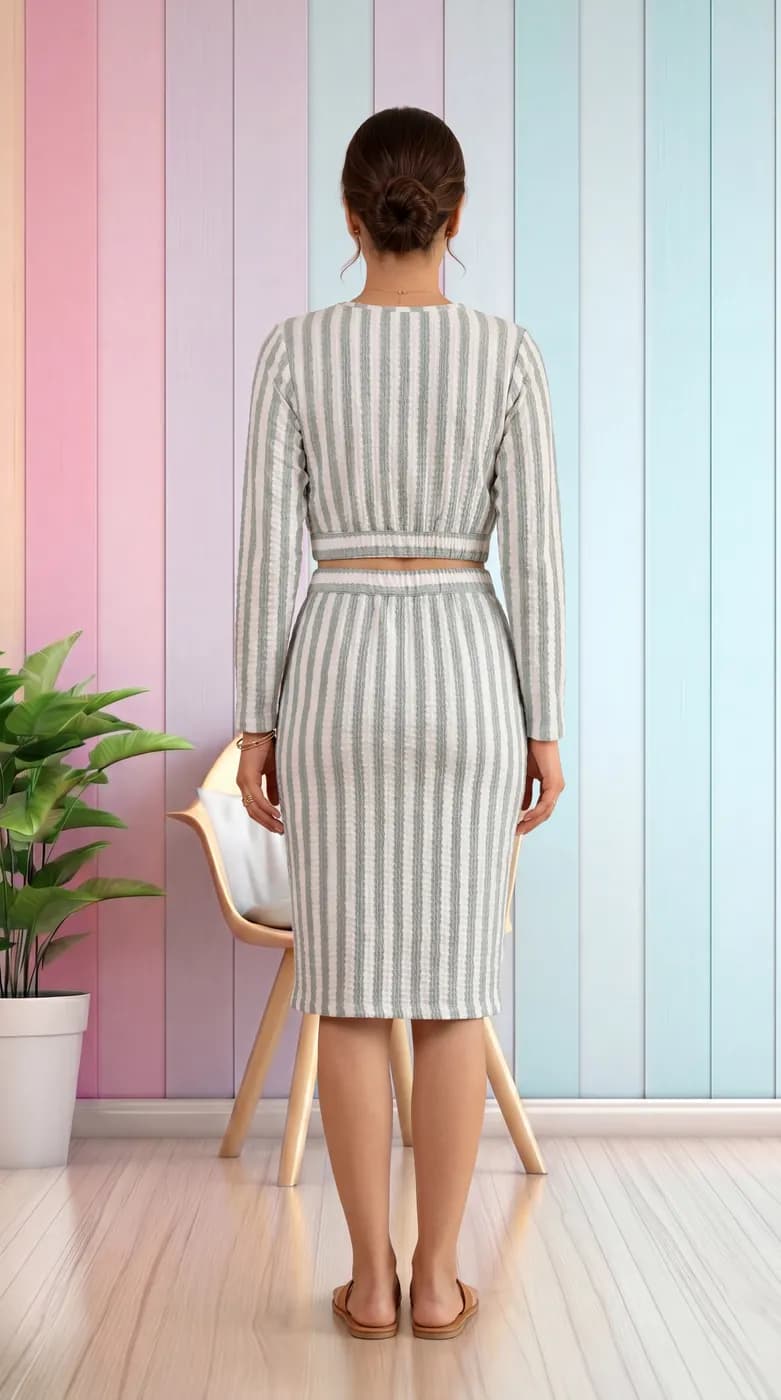FF-40 Striped Crop Top & Skirt Co-ord Set - Sea Green — photo 4