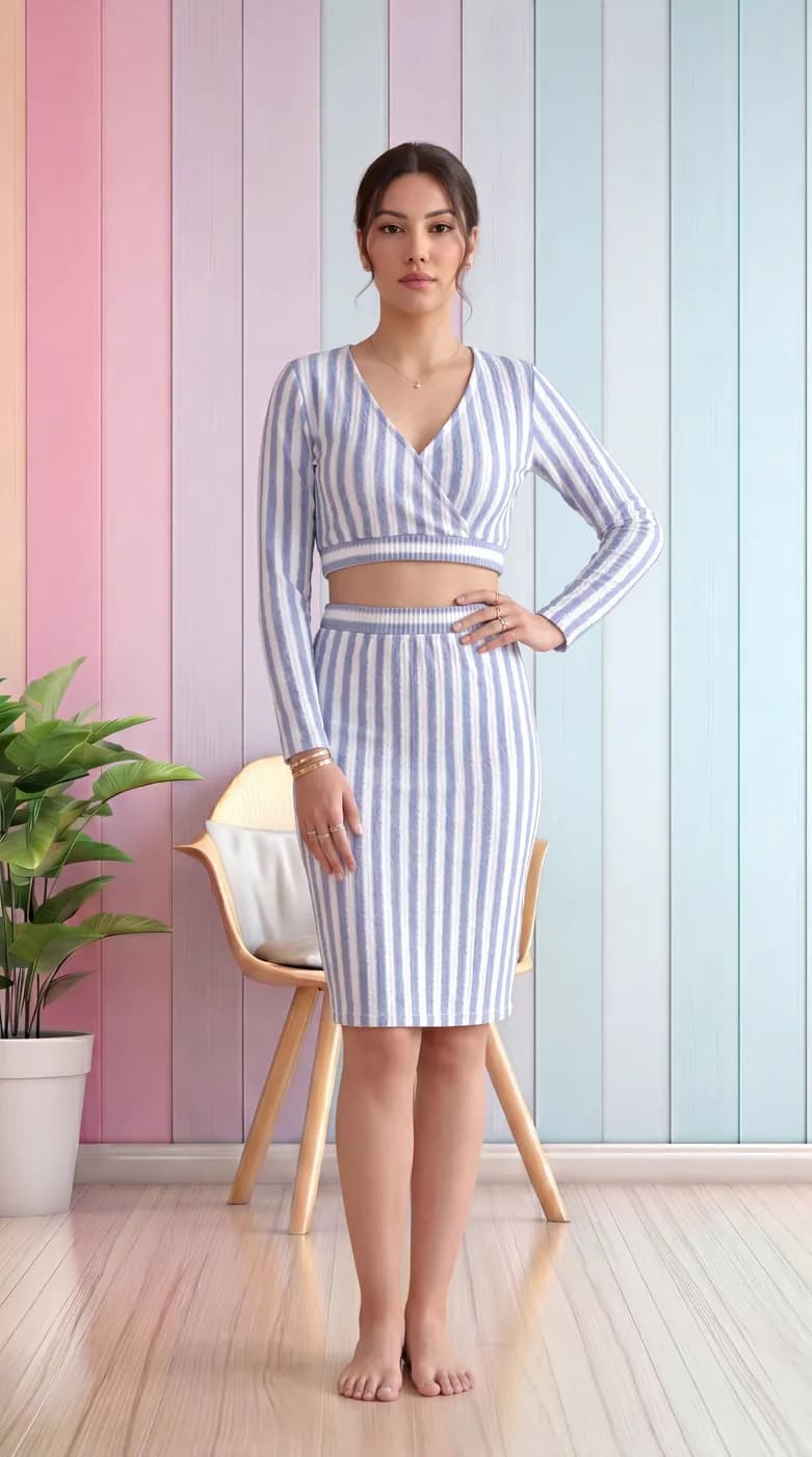 FF-40 Striped Crop Top & Skirt Co-ord Set - Sky — photo 1
