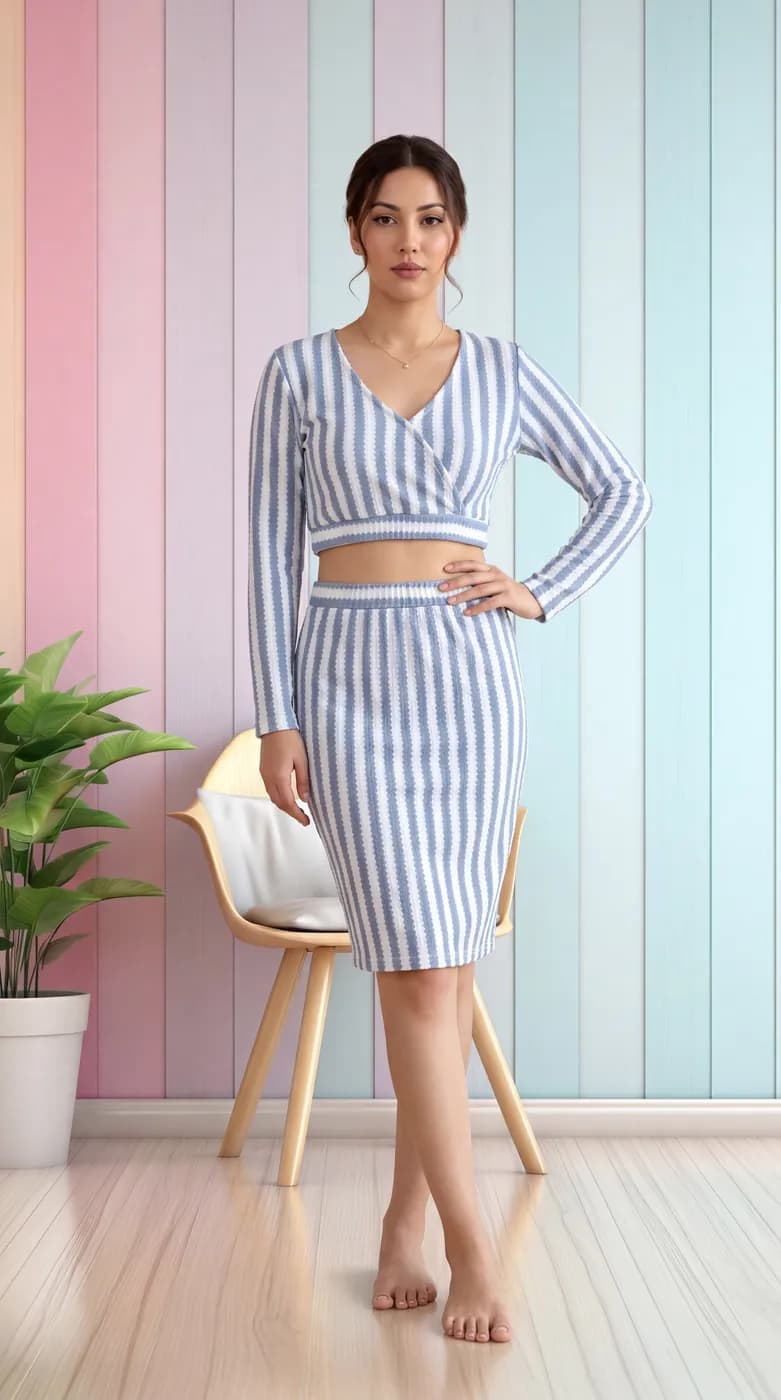 FF-40 Striped Crop Top & Skirt Co-ord Set - Sky — photo 2