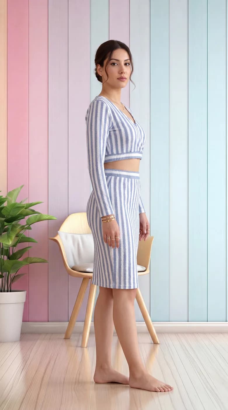 FF-40 Striped Crop Top & Skirt Co-ord Set - Sky — photo 3