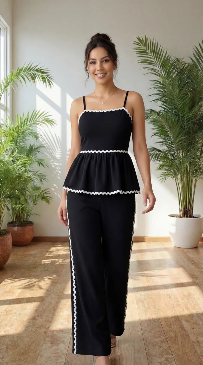 FF-43 Ric-Rac Trim Peplum Co-ord Set - Black — photo 5