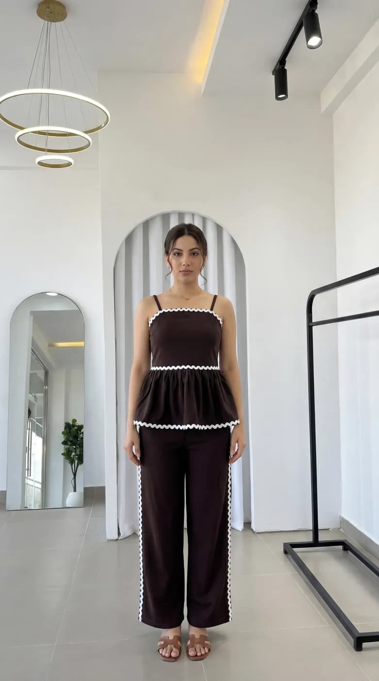FF-43 Ric-Rac Trim Peplum Co-ord Set - Coffee — photo 1