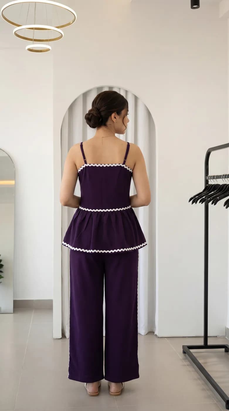 FF-43 Ric-Rac Trim Peplum Co-ord Set - Wine — photo 1