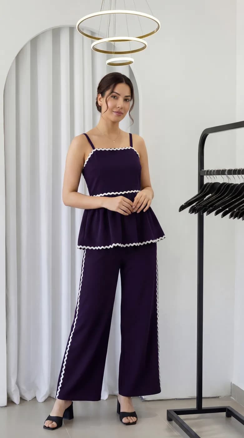 FF-43 Ric-Rac Trim Peplum Co-ord Set - Wine — photo 2