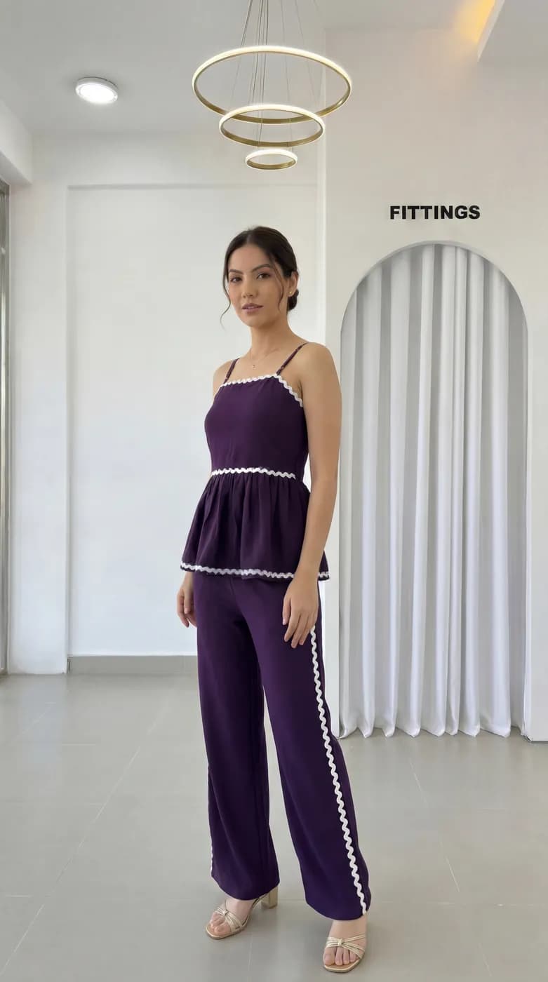 FF-43 Ric-Rac Trim Peplum Co-ord Set - Wine — photo 3