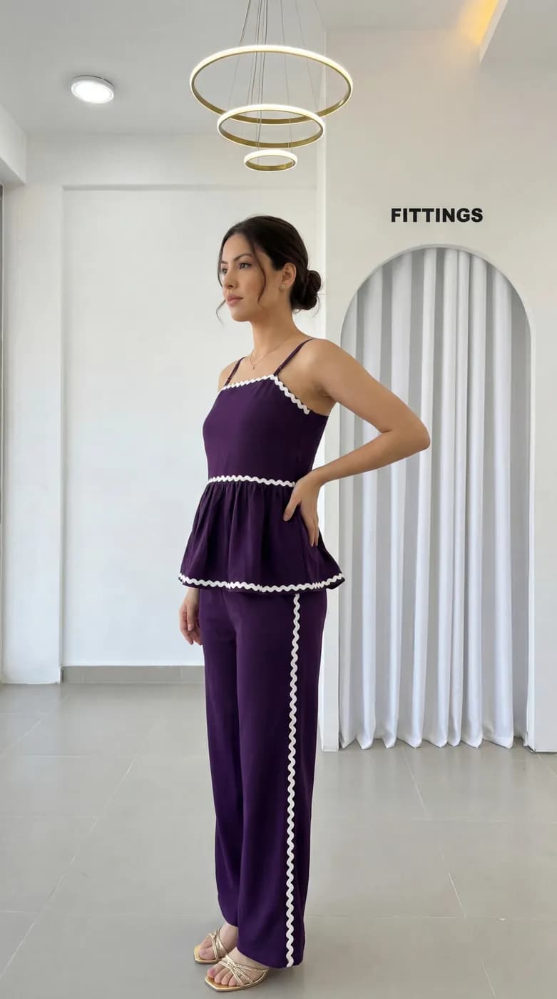 FF-43 Ric-Rac Trim Peplum Co-ord Set - Wine — photo 4