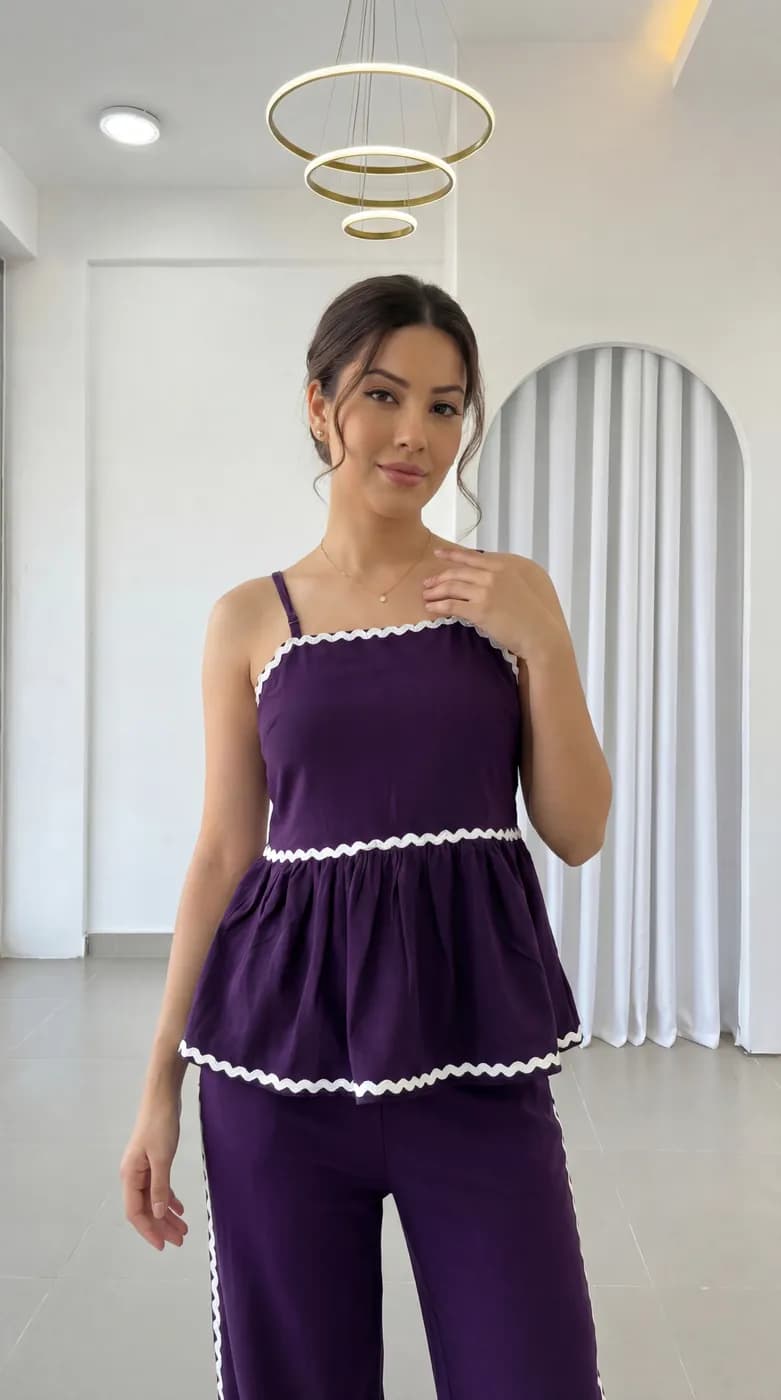 FF-43 Ric-Rac Trim Peplum Co-ord Set - Wine — photo 5