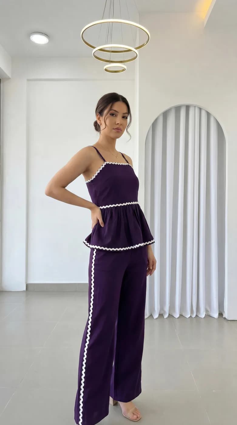 FF-43 Ric-Rac Trim Peplum Co-ord Set - Wine — photo 6