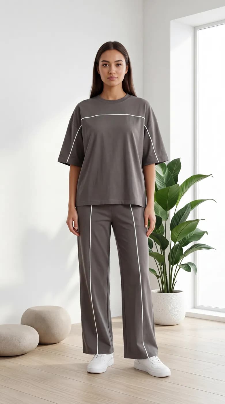 FF-45 Contrast Piping Relaxed Co-ord Set - Dark Grey — photo 1