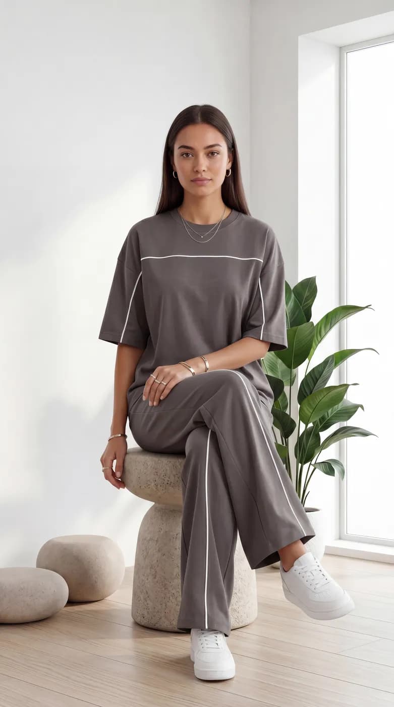 FF-45 Contrast Piping Relaxed Co-ord Set - Dark Grey — photo 2