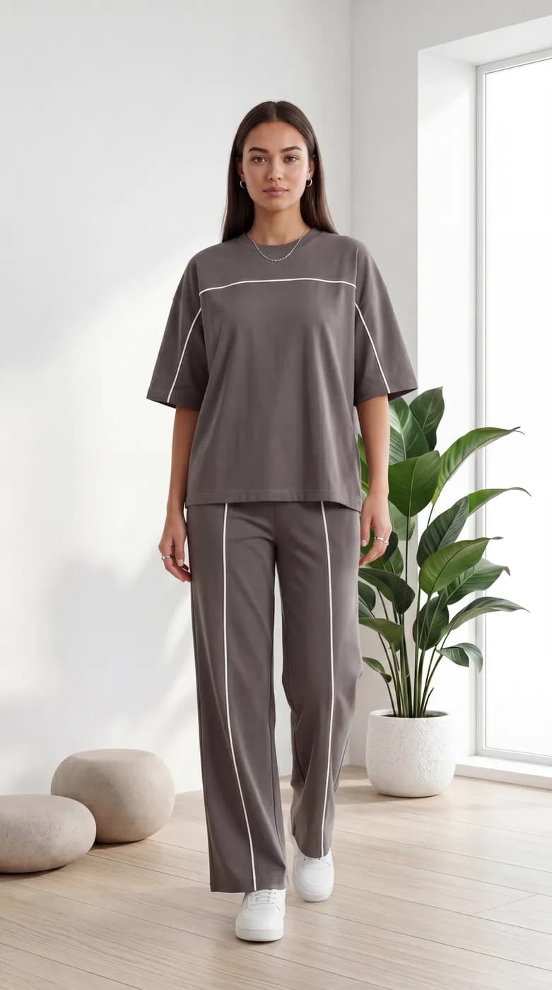 FF-45 Contrast Piping Relaxed Co-ord Set - Dark Grey — photo 3