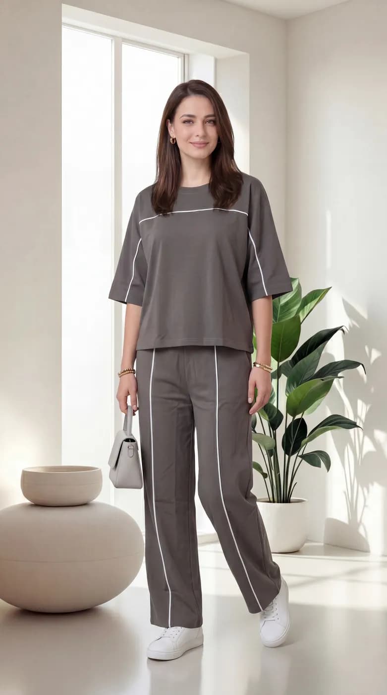 FF-45 Contrast Piping Relaxed Co-ord Set - Dark Grey — photo 4