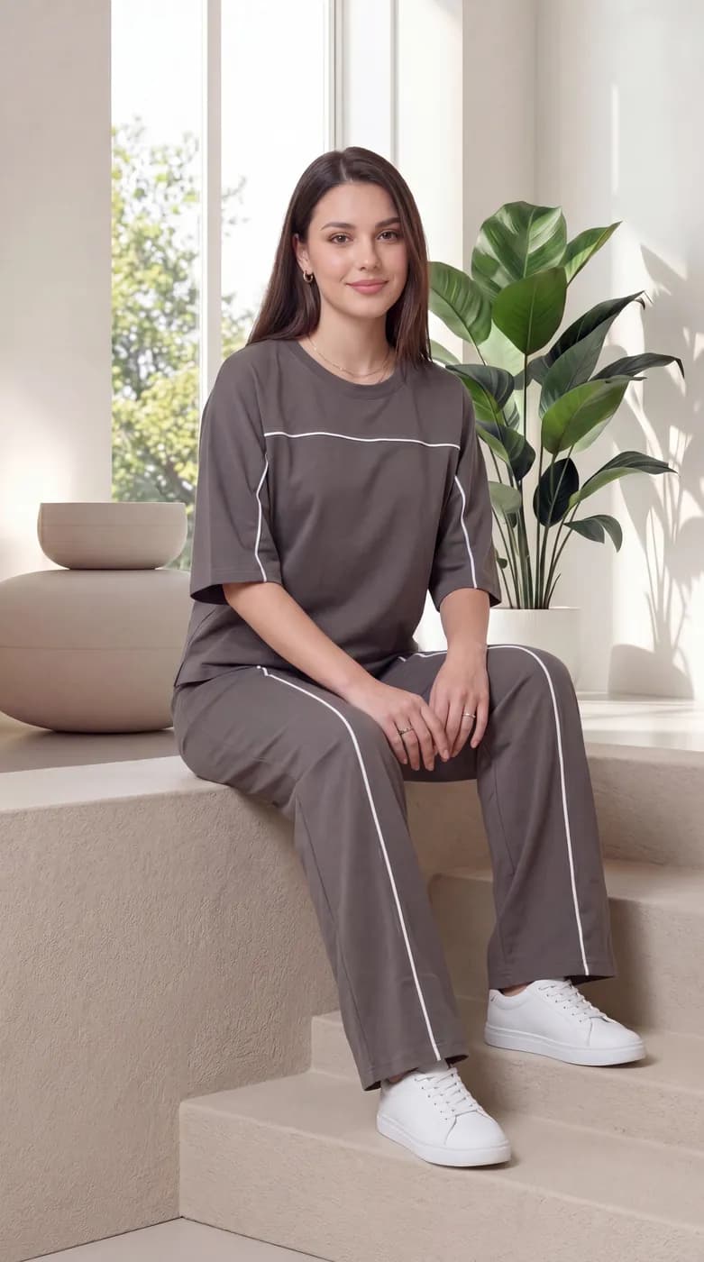 FF-45 Contrast Piping Relaxed Co-ord Set - Dark Grey — photo 5