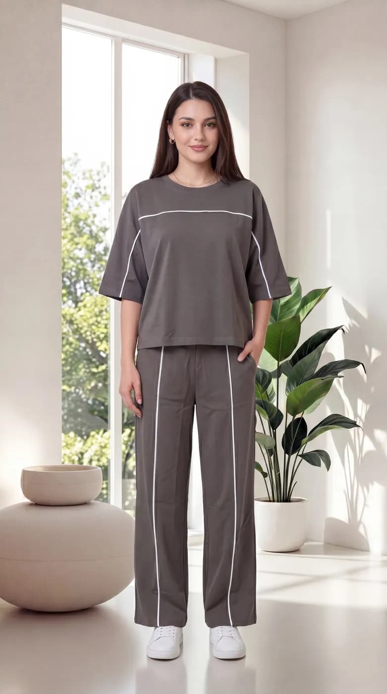 FF-45 Contrast Piping Relaxed Co-ord Set - Dark Grey — photo 7