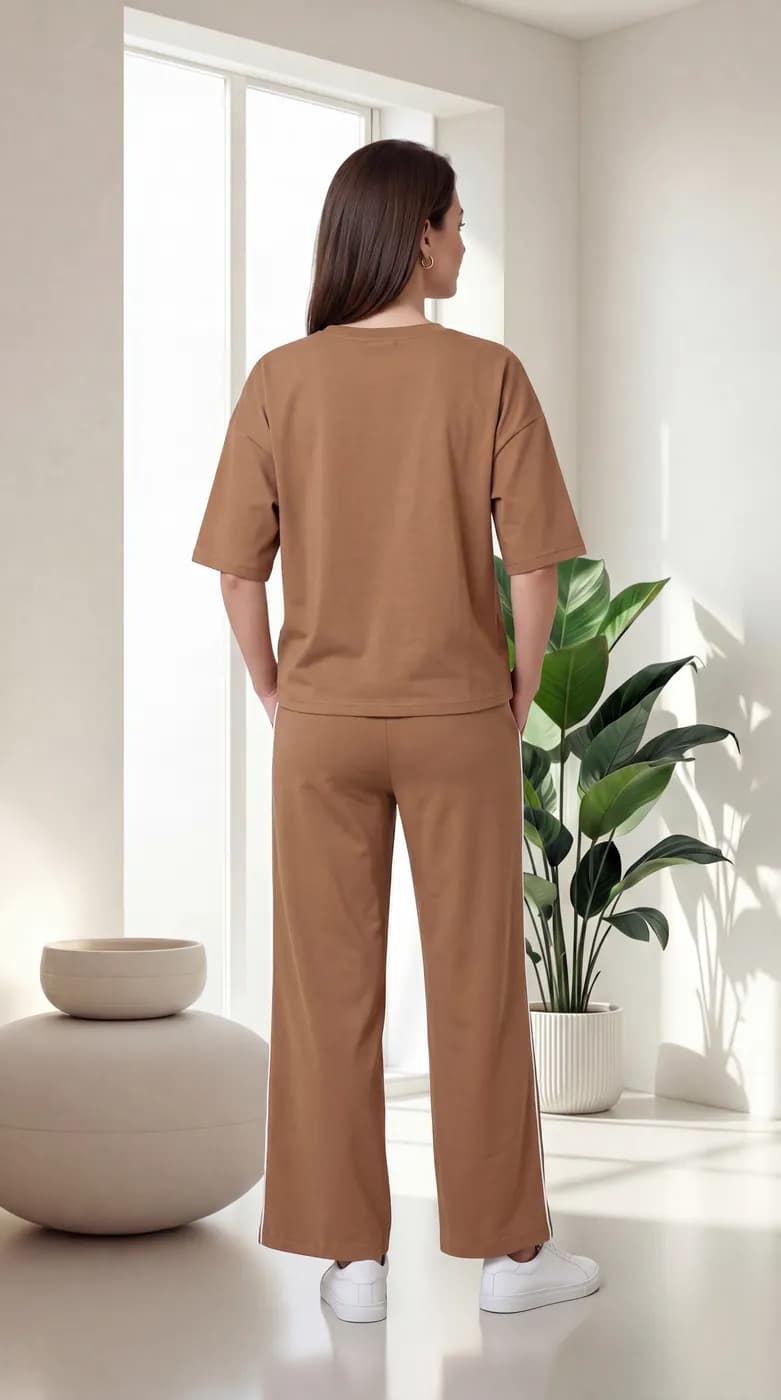 FF-45 Contrast Piping Relaxed Co-ord Set - Khakhi — photo 3