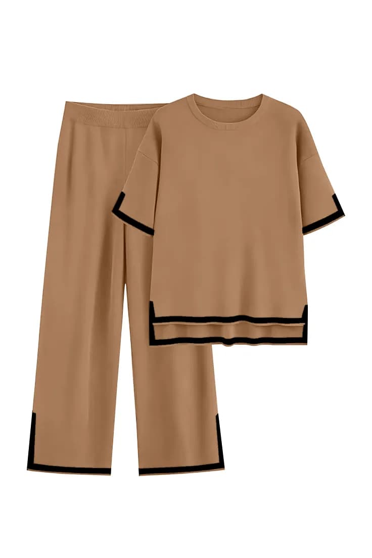 FF-47 Side-Slit Tipped Knit Co-ord Set - Khakhi — photo 1