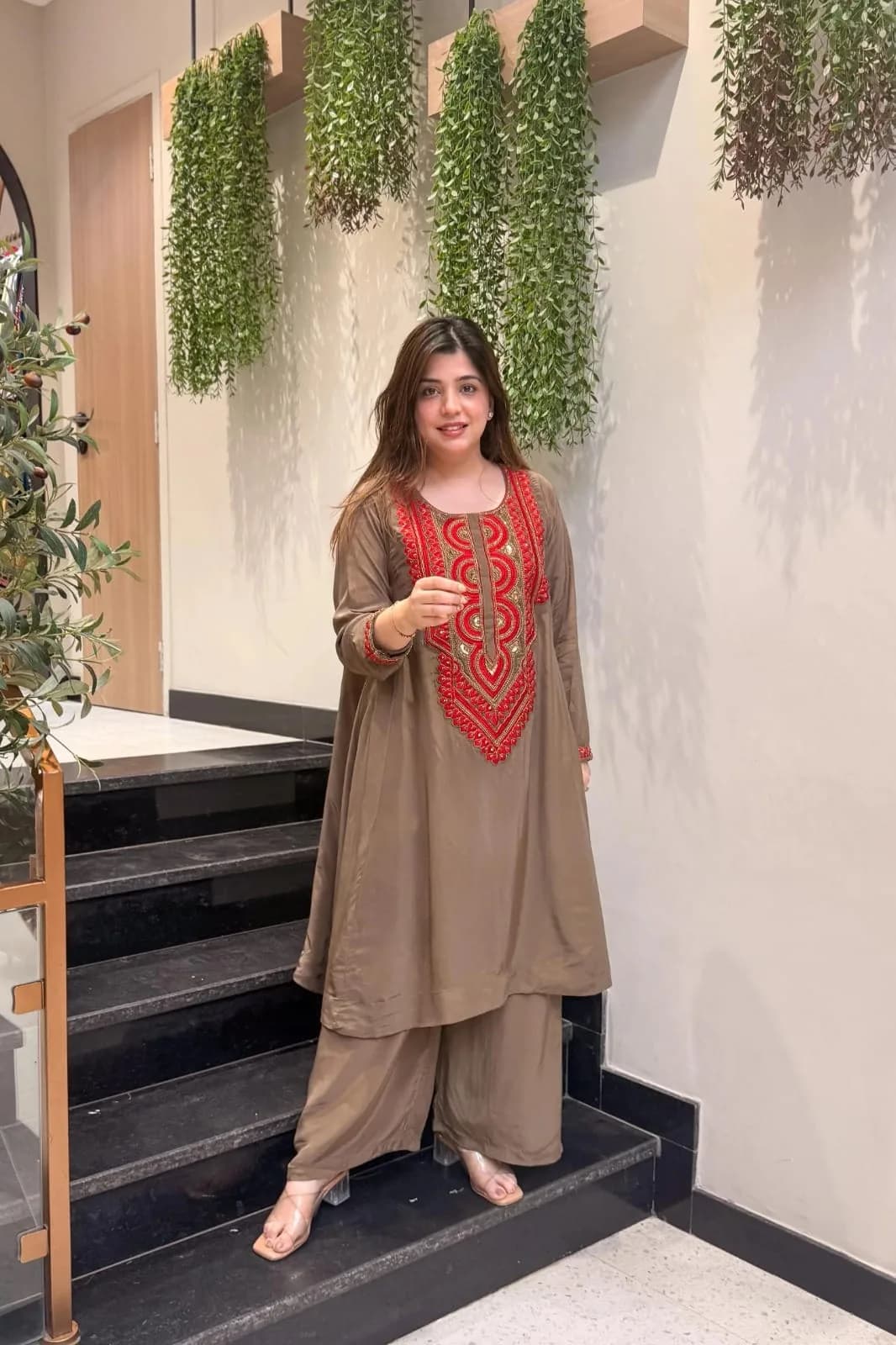 FF-SUGANDHA Embroidered Kurti & Pant Set - Mocha Brown — photo 1