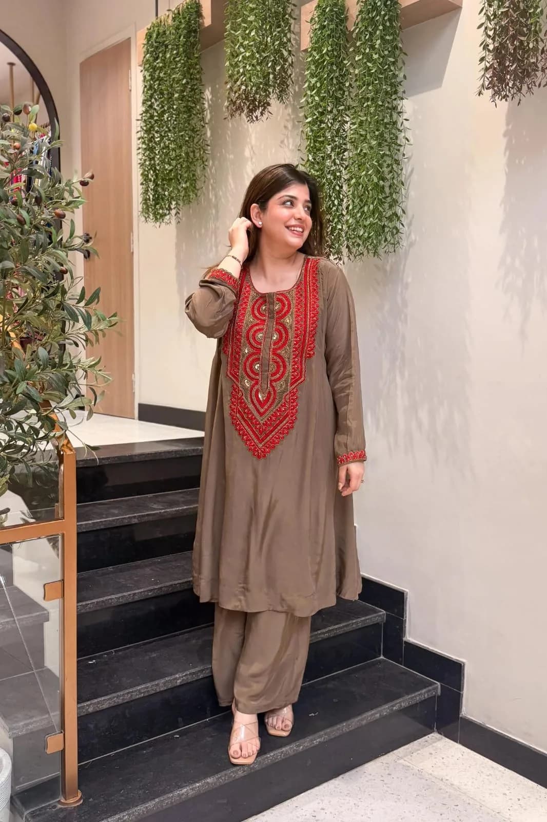 FF-SUGANDHA Embroidered Kurti & Pant Set - Mocha Brown — photo 3