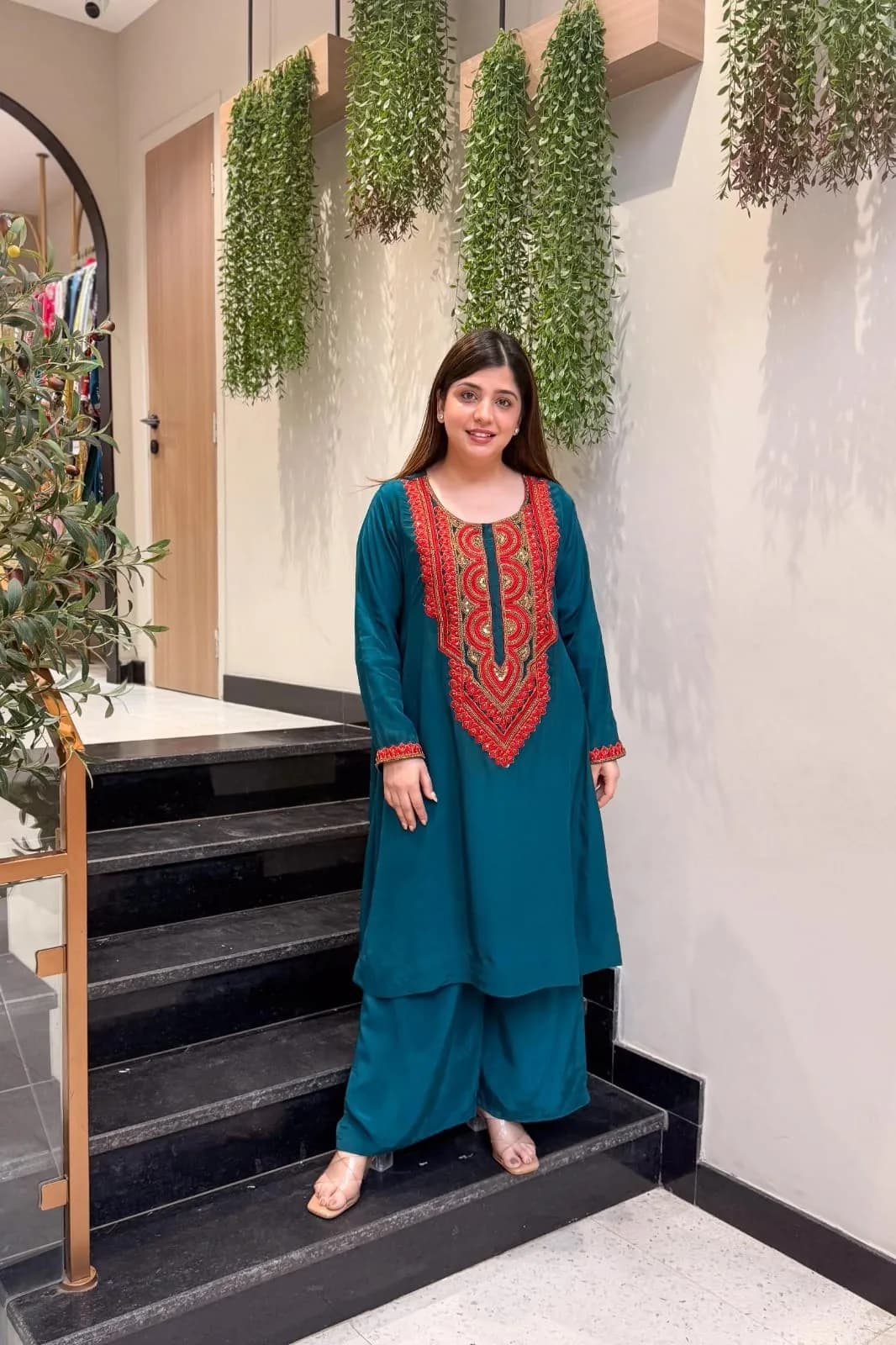 FF-SUGANDHA Embroidered Kurti & Pant Set - Teal Blue